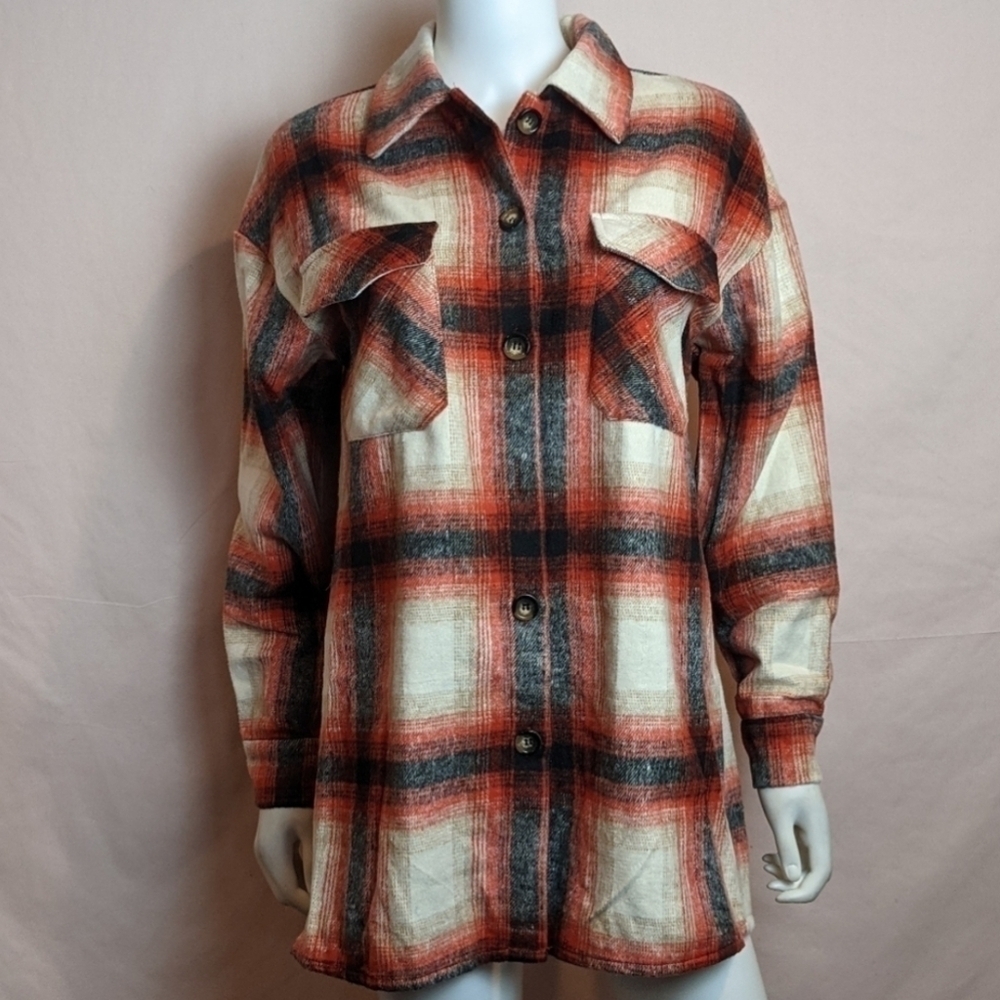 Tracie's Red and Black Plaid Fleece Button Up Shirt Jacket Shacket with Pockets